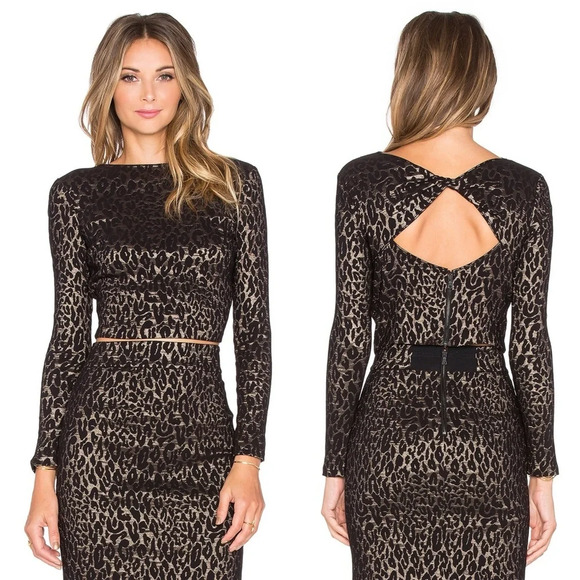 Alice + Olivia Rilo Crop Top Size 0 Black  & Gold Leopard Print Glam Twist Back - Picture 1 of 15